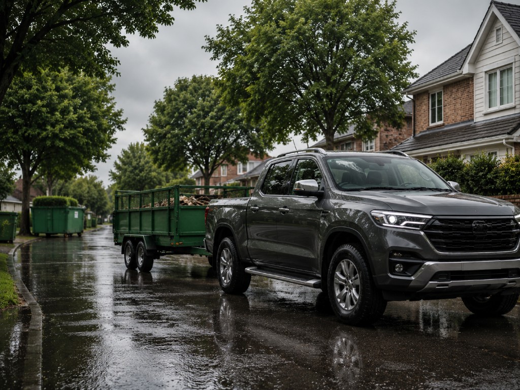 Dark grey pickup truck towing a green trailer with yard waste on a wet residential street